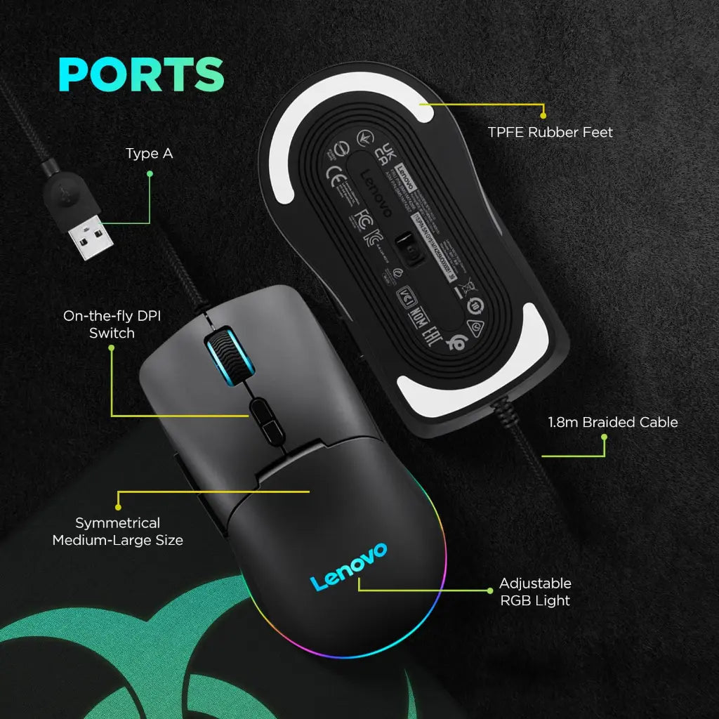 Lenovo M210 8000 DPI RGB Gaming Wired USB Mouse-tpstech.in