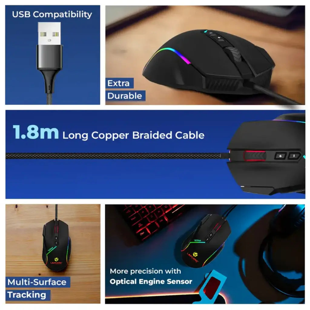 Lapcare Champ LGM-108 Wired RGB Gaming Mouse with 7200 DPI & Anti Slip Grip