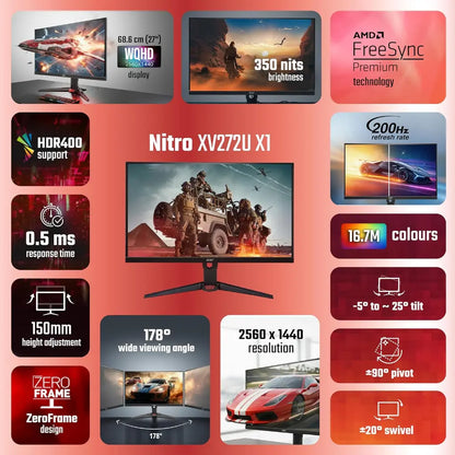 Acer Nitro XV272U X1 27" 200Hz 0.5ms WQHD IPS Gaming Monitor-tpstech.in