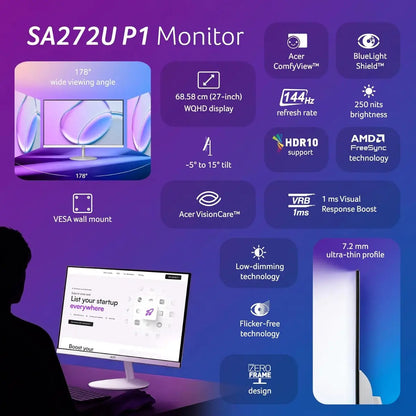 Acer SA272U P1 27-Inch WQHD IPS Monitor with 144Hz Refresh Rate, HDR10 & AMD FreeSync