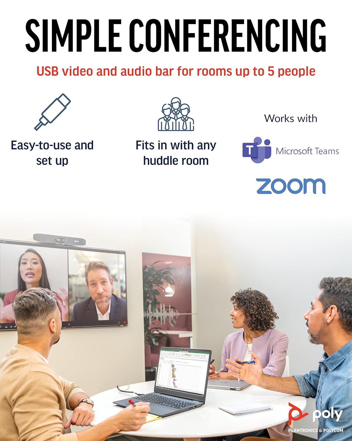 Poly Studio R30 USB 4K Video Bar for Small Conference Spaces with Inbuilt Webcam and Speaker - Black