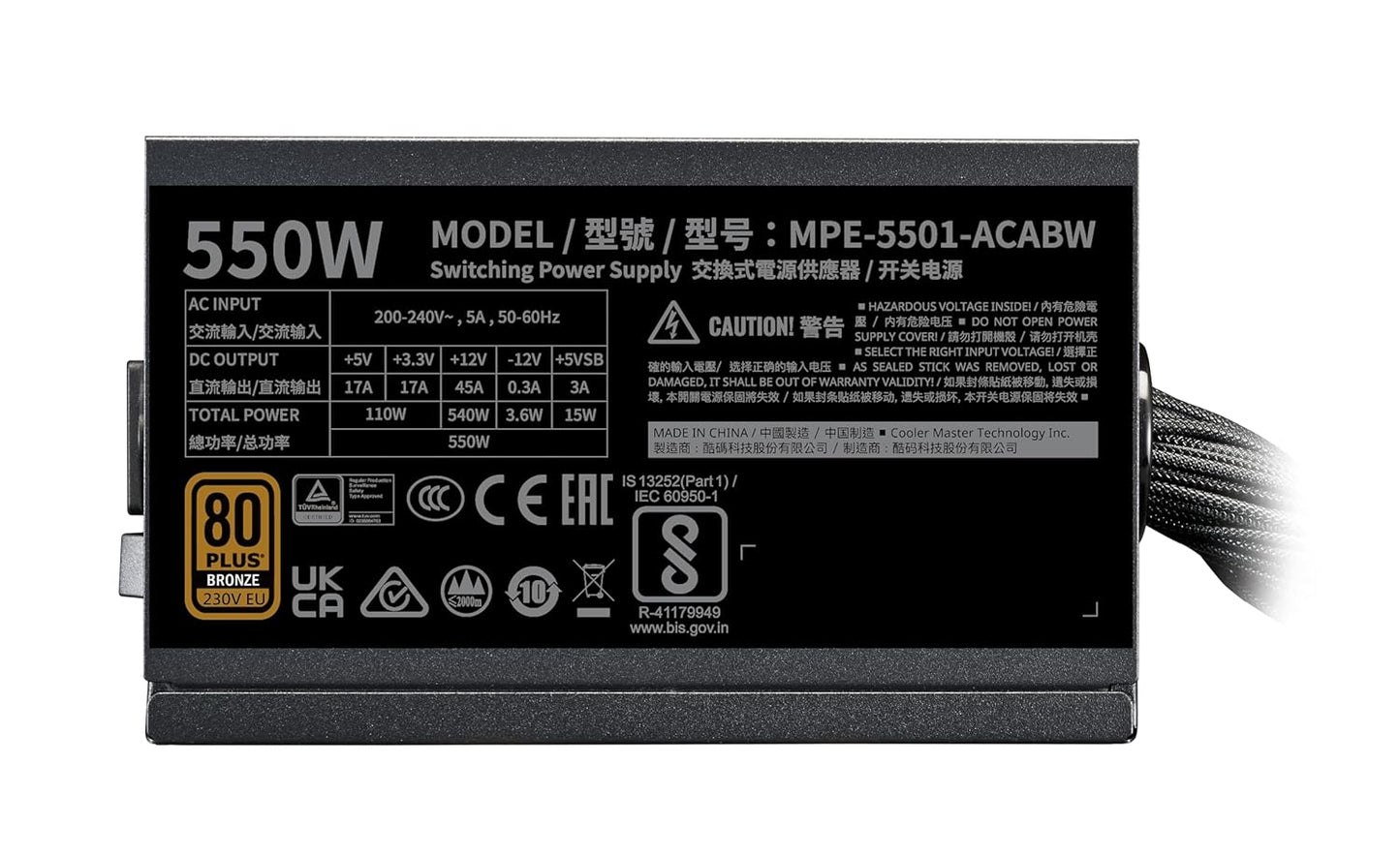 Cooler Master MWE Bronze 550 V3 550W ATX Non Modular Power Supply Unit - Black