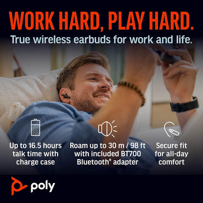 POLY Voyager Free 60+ UC Carbon Black Earbuds with BT700 USB-C Adapter and Touchscreen Charge Case