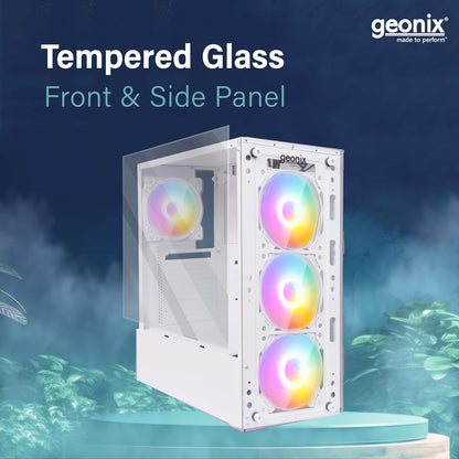 Geonix X20 Tempered Glass Computer Case 4 RGB Fans ATX Gaming Cabinet - White