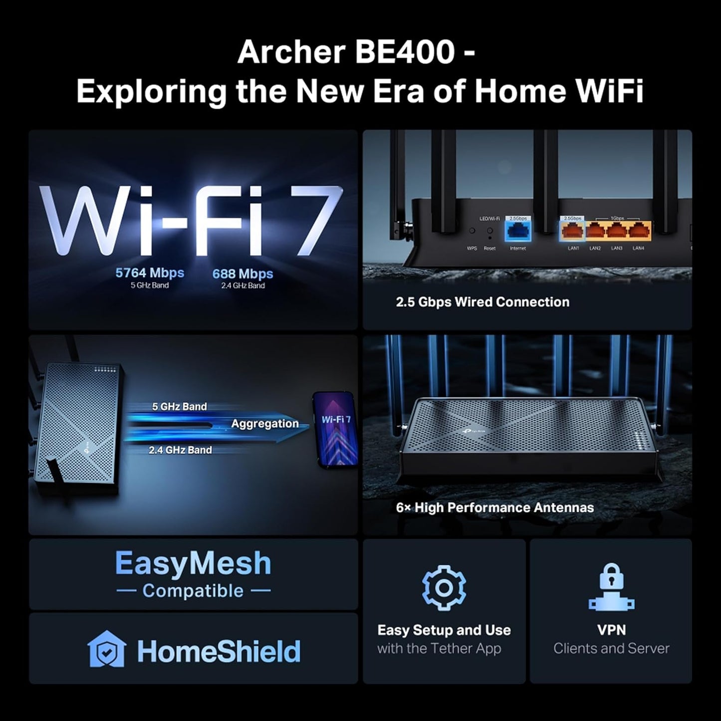 TP-Link BE6500 Archer BE400 Dual-Band Whole Home EasyMesh Wi-Fi 7 Router