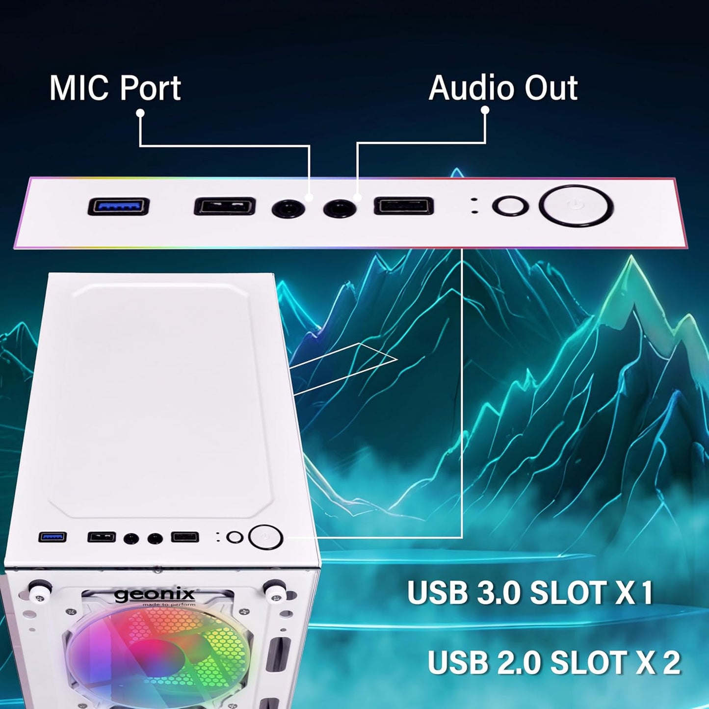 Geonix X20 Tempered Glass Computer Case 4 RGB Fans ATX Gaming Cabinet - White