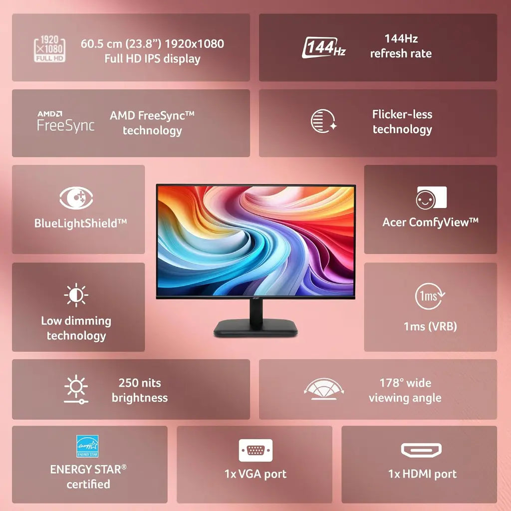 Acer EK240Y P6 23.8" 144Hz 1ms Full HD IPS LED Monitor HDMI & VGA Ports-tpstech.in
