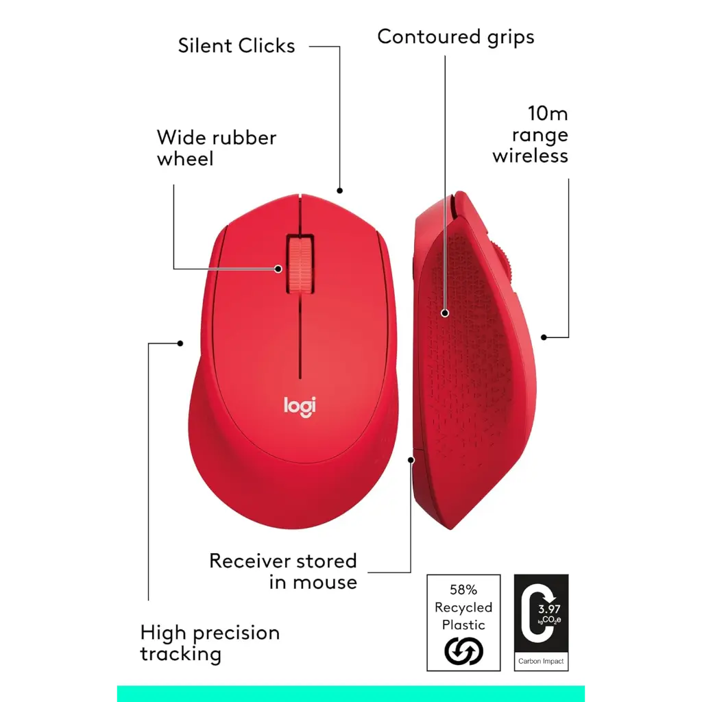 Logitech M331 Silent Plus 2.4GHz Wireless Mouse with USB Nano Reciever - Red