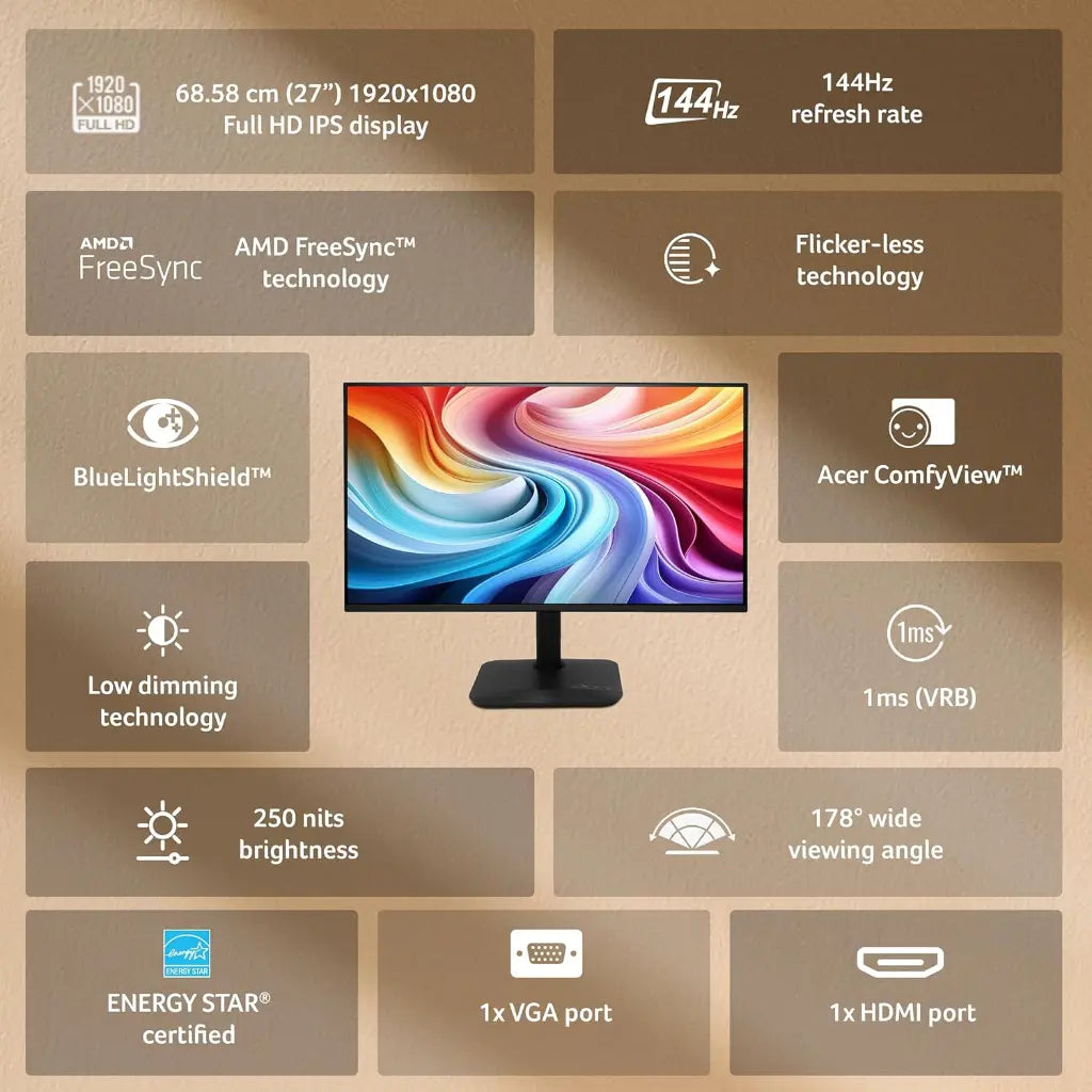 Acer KA270 P6 27" 144Hz 1ms Full HD IPS Monitor Built-in Stereo Speakers-tpstech.in