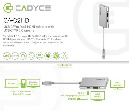 Cadyce CA-C2HD USB-C to Dual HDMI Adapter with USB-C PD Charging