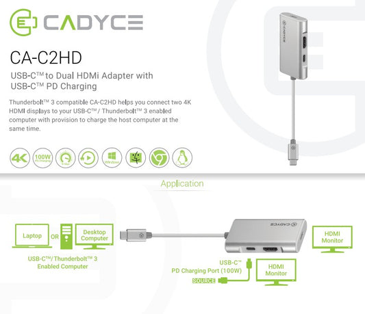 Cadyce CA-C2HD USB-C to Dual HDMI Adapter with USB-C PD Charging