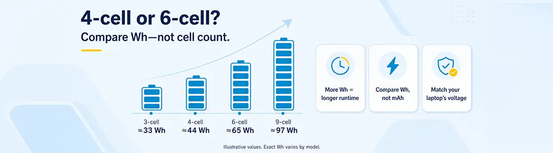 Laptop battery cell count comparison — 3-cell 33Wh, 4-cell 44Wh, 6-cell 65Wh, 9-cell 97Wh. More Wh means longer runtime. Compare Wh not mAh, and match your laptop's voltage. Illustrative values, exact Wh varies by model