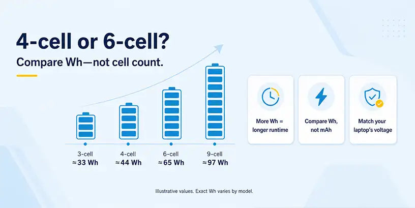 Laptop battery cell count comparison — 3-cell 33Wh, 4-cell 44Wh, 6-cell 65Wh, 9-cell 97Wh. More Wh means longer runtime. Compare Wh not mAh, and match your laptop's voltage. Illustrative values, exact Wh varies by model