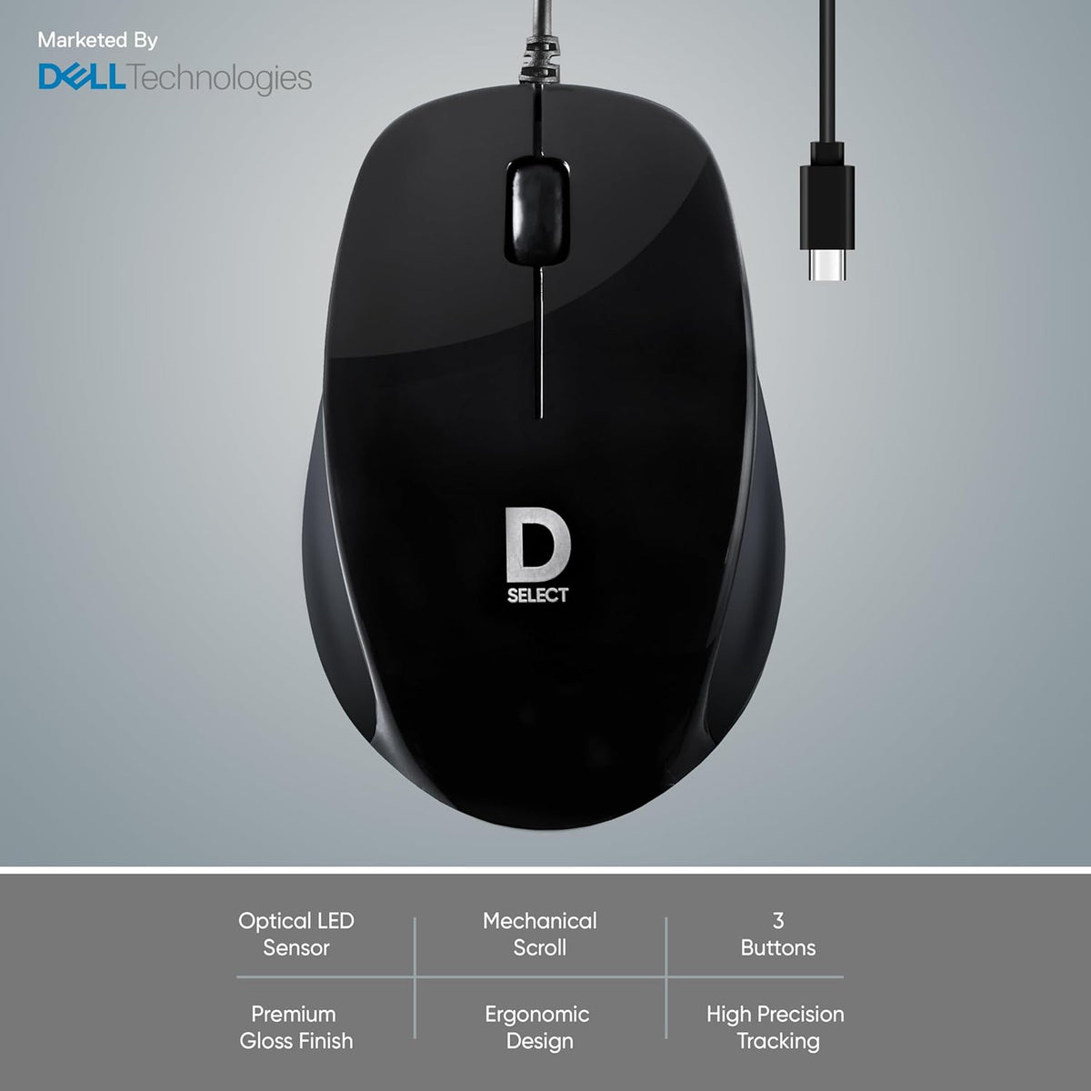 Dell D-Select DS112 Wired Optical Mouse 1200 DPI USB-C - Black
