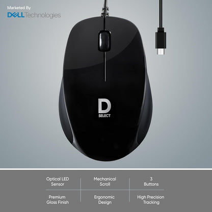 Dell D-Select DS112 Wired Optical Mouse 1200 DPI USB-C - Black