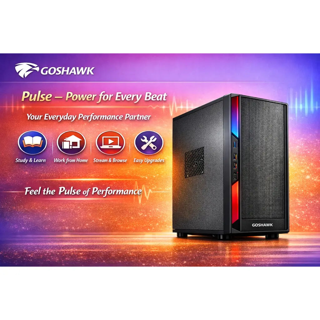GOSHAWK Pulse Series Desktop PC Entry Level Home and Student Computer with Fast Performance Stylish Compact Design and Reliable Everyday Productivity