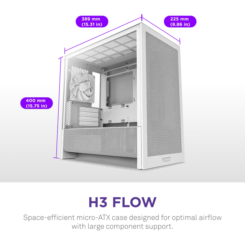 NZXT H3 Flow Tempered Glass Micro-ATX Airflow Case-White