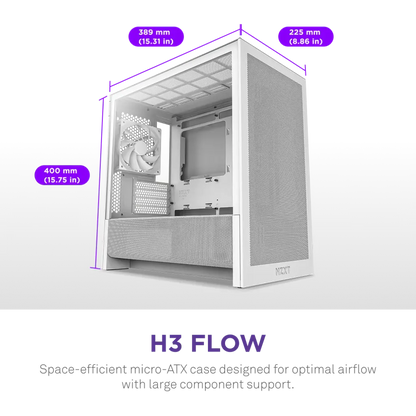 NZXT H3 Flow Tempered Glass Micro-ATX Airflow Case-White