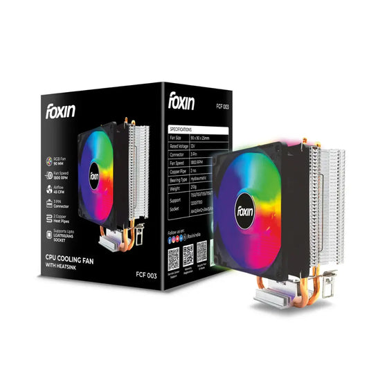 Foxin FCF 003 90mm RGB CPU Cooling Fan 1800 RPM 2 Copper Heat Pipes-tpstech.in