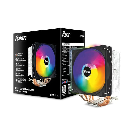 Foxin FCF 004 120mm RGB CPU Cooling Fan 1800 RPM 4 Copper Heat Pipes-tpstech.in