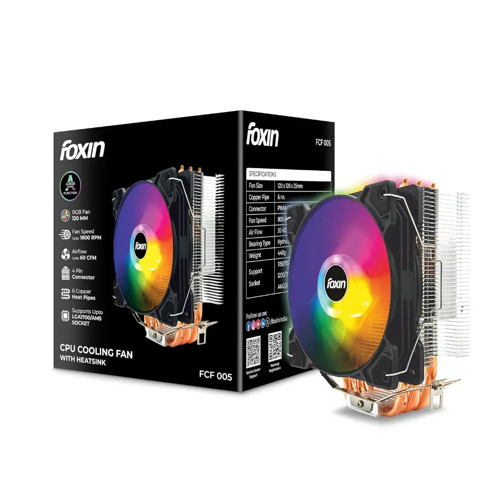 Foxin FCF 005 120mm RGB CPU Cooler with 6 Copper Heat Pipes-tpstech.in