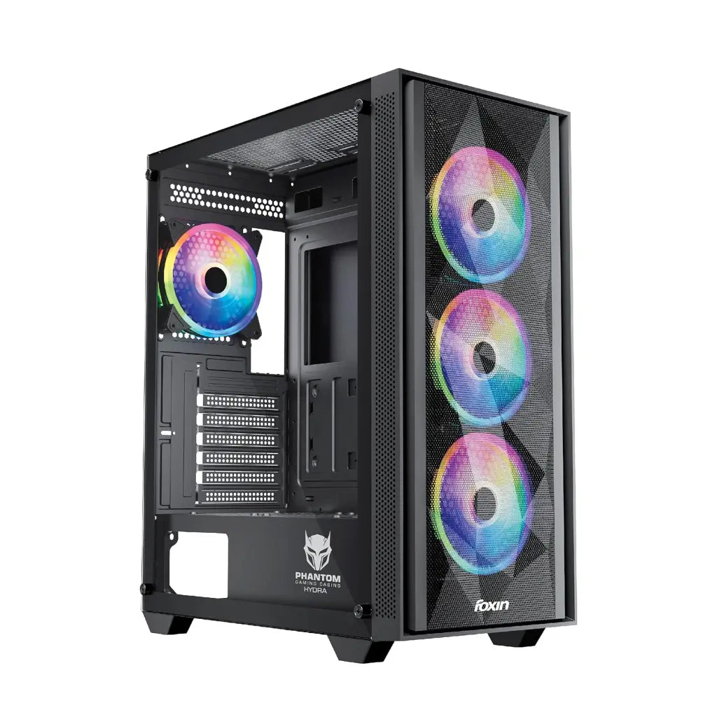Foxin Hydra Tempered Glass Mid Tower Computer Case with 3×120mm Front & 1×120mm Rear ARGB Fans-tpstech.in