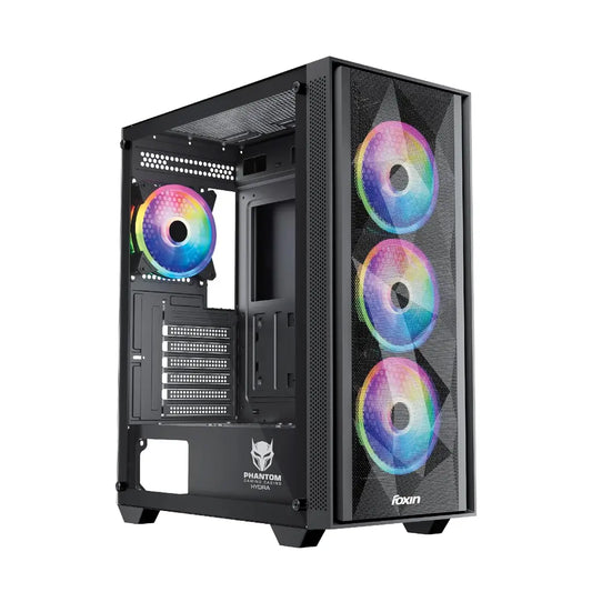 Foxin Hydra Tempered Glass Mid Tower Computer Case with 3×120mm Front & 1×120mm Rear ARGB Fans-tpstech.in