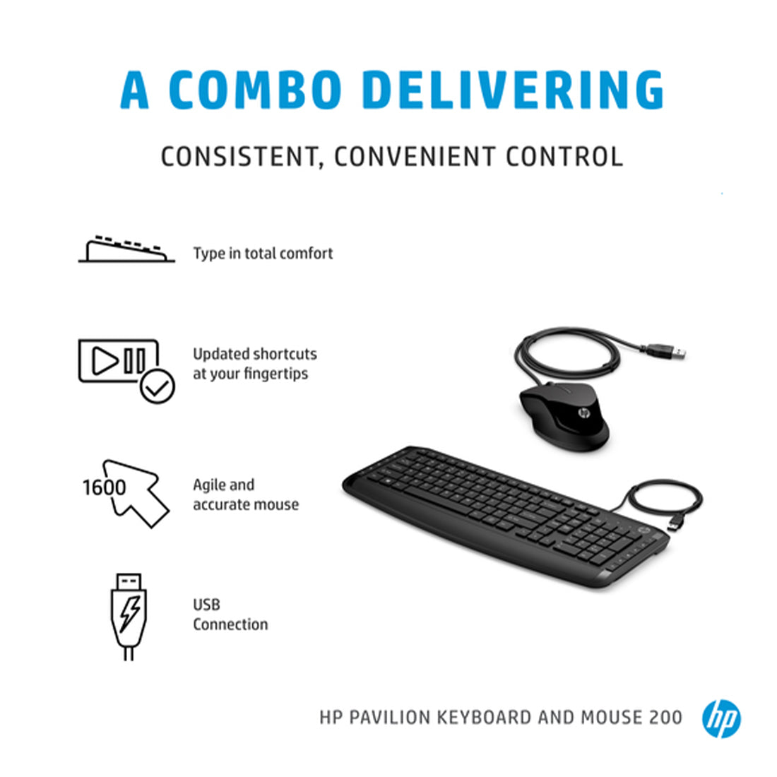 [RePacked] HP Pavilion 200 Wired Keyboard and Optical Mouse with 1600 DPI Combo