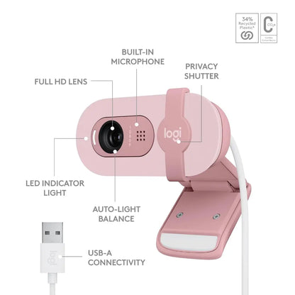 Logitech BRIO 100 USB-A 1080p FHD Webcam with Privacy Shutter and Built-in Mic - Rose-960-001624