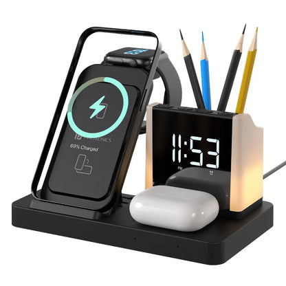 Portronics Hexacharge POR 2128 6‑in‑1 15W Fast Wireless Charging Station with Digital Alarm Clock-tpstech.in