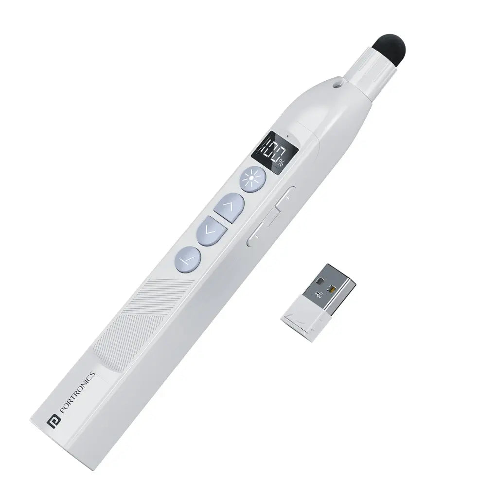Portronics  POR 2150 SlideMate 2 Wireless Presenter 2.4GHz Rechargeable Red Laser Telescopic Pointer Stylus - White -tpstech.in