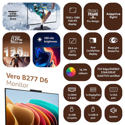 Acer B277 D6 27 inch Full HD IPS monitor with 120Hz refresh rate and eye care features -tpstech.in