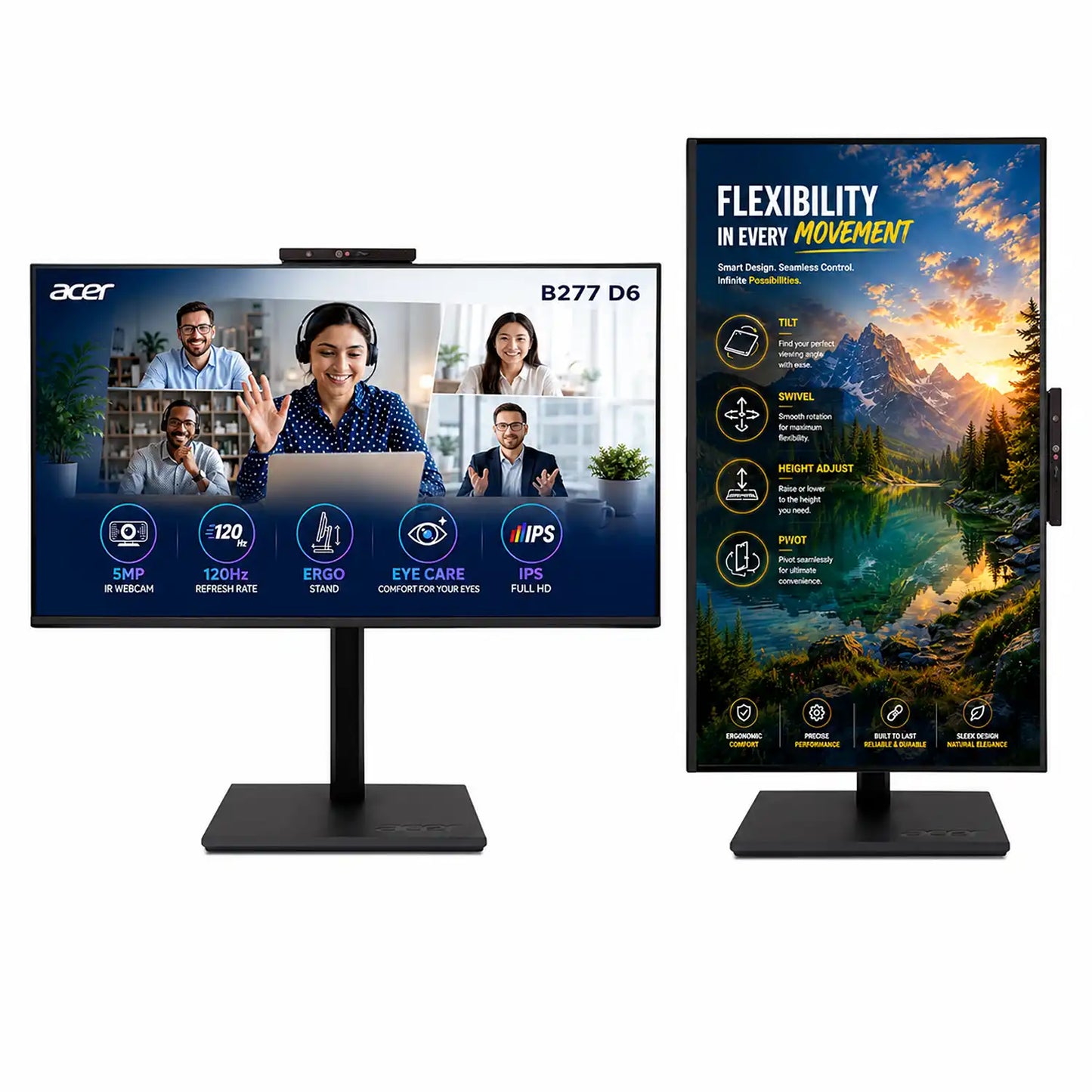 Acer B277 D6 monitor with 5MP IR webcam ergonomic stand height adjustment and pivot -tpstech.in