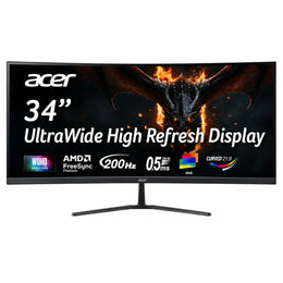 Acer Nitro ED340CUR X0 34 inch UWQHD curved gaming monitor with 200Hz refresh rate, AMD FreeSync Premium and ultrawide 21:9 display.