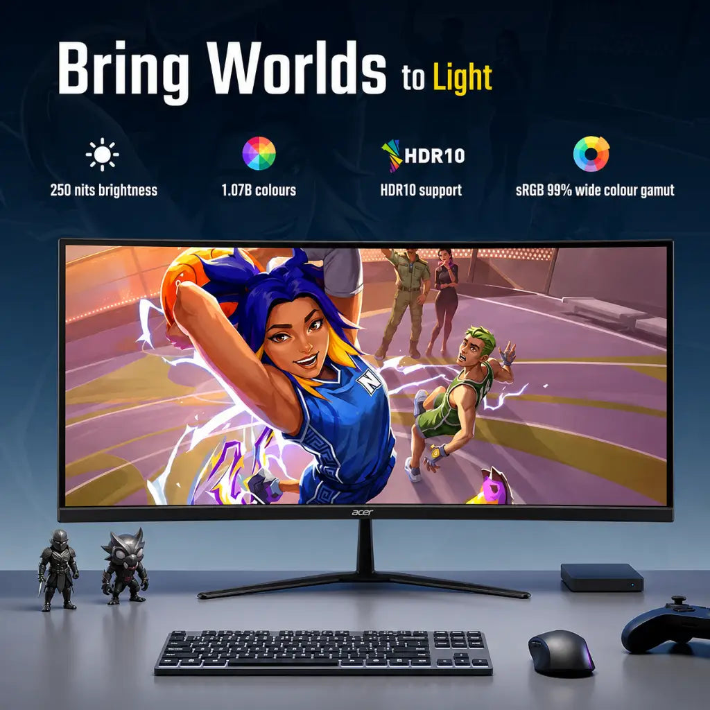 Acer Nitro ED340CUR X0 curved monitor with HDR10 support, 1.07 billion colors, sRGB 99 percent color gamut and 250 nits brightness.