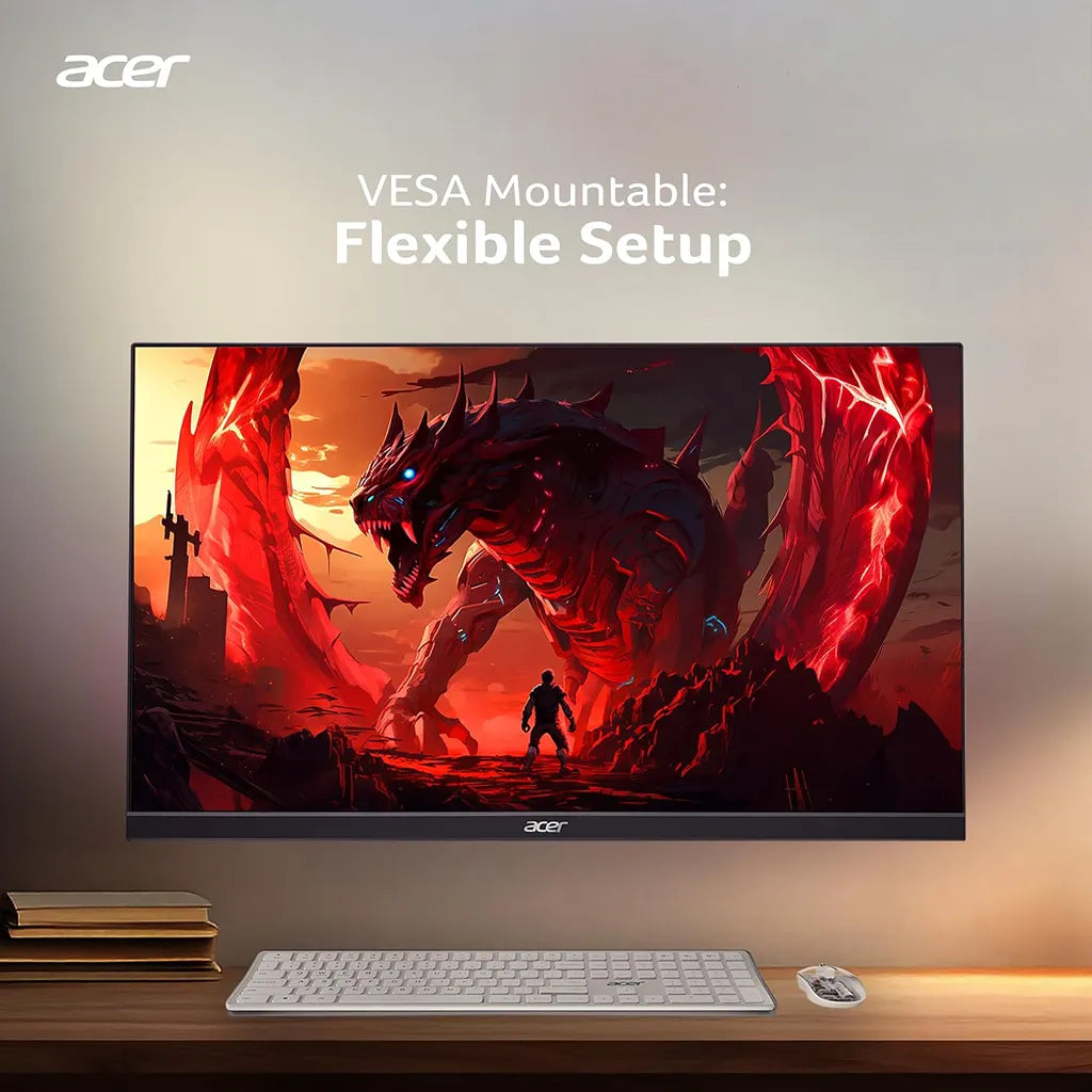 Acer Nitro VG270U X1 27 Inch WQHD IPS Gaming Monitor mounted on wall above minimalist desk setup -tpstech.in