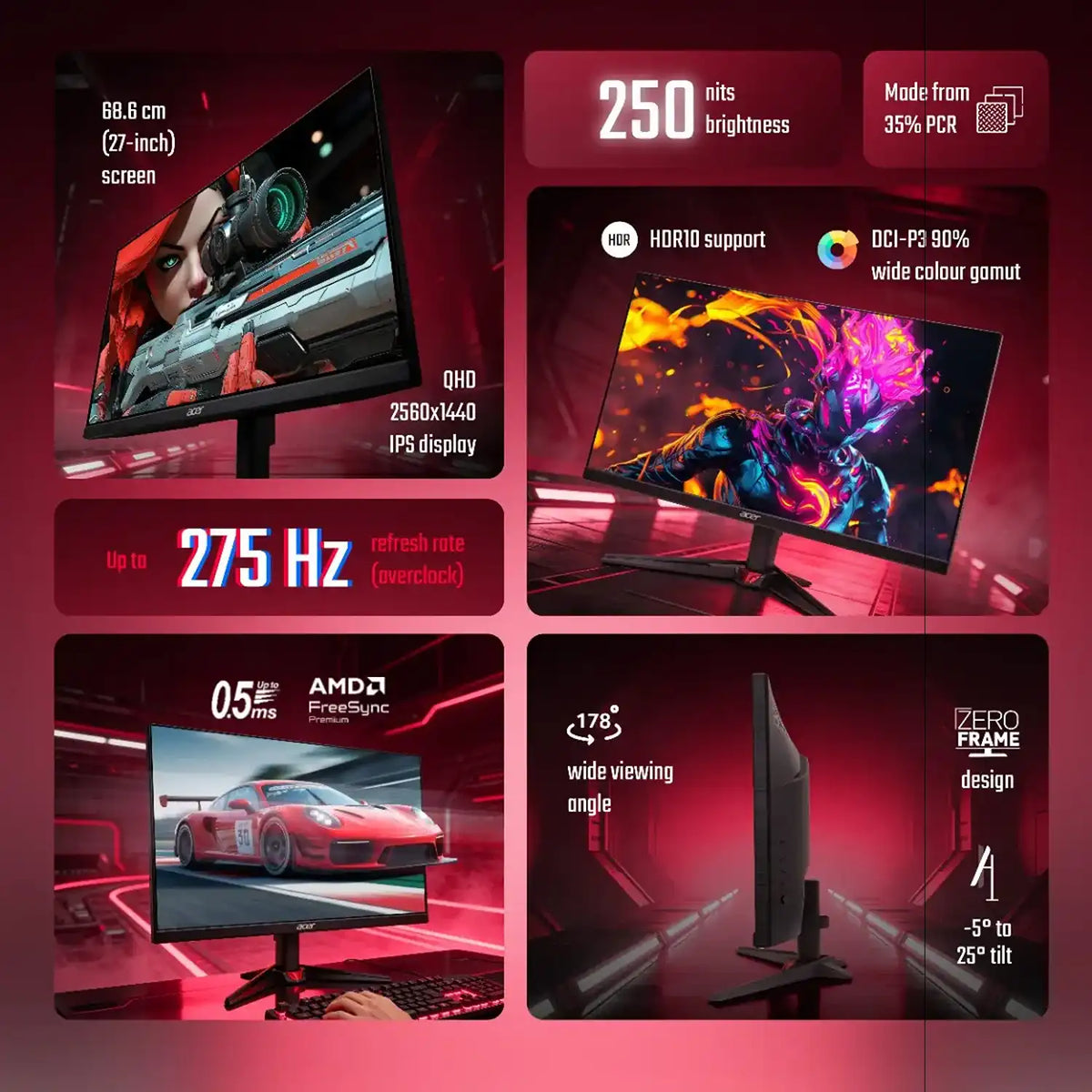 Acer Nitro VG270U Z2 27 Inch QHD 275Hz IPS Gaming Monitor side profile showing tilt adjustment VESA wall mount support and ZeroFrame design -tpstech.in
