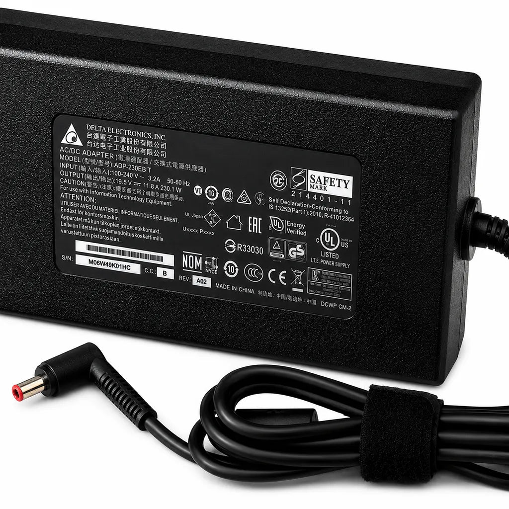 Close-up view of ACER OEM 230W 19.5V 11.8A laptop charger adapter with 5.5mm × 1.1mm DC pin, showing product label and connector details.