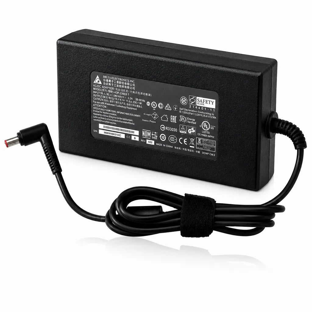 Left angle view of ACER OEM 230W 19.5V 11.8A laptop charger adapter with 5.5mm × 1.1mm barrel connector and integrated power cable.