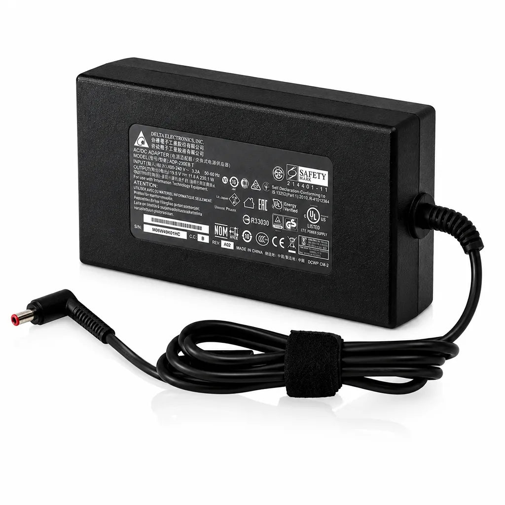 Right angle view of ACER OEM 230W 19.5V 11.8A laptop charger adapter with 5.5mm × 1.1mm DC connector, power brick, and cable.