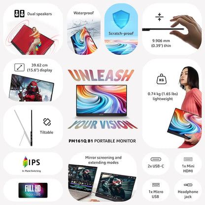 Acer PM161Q B1 15.6 inch Full HD IPS portable monitor with slim lightweight scratch proof and connectivity features -tpstech.in
