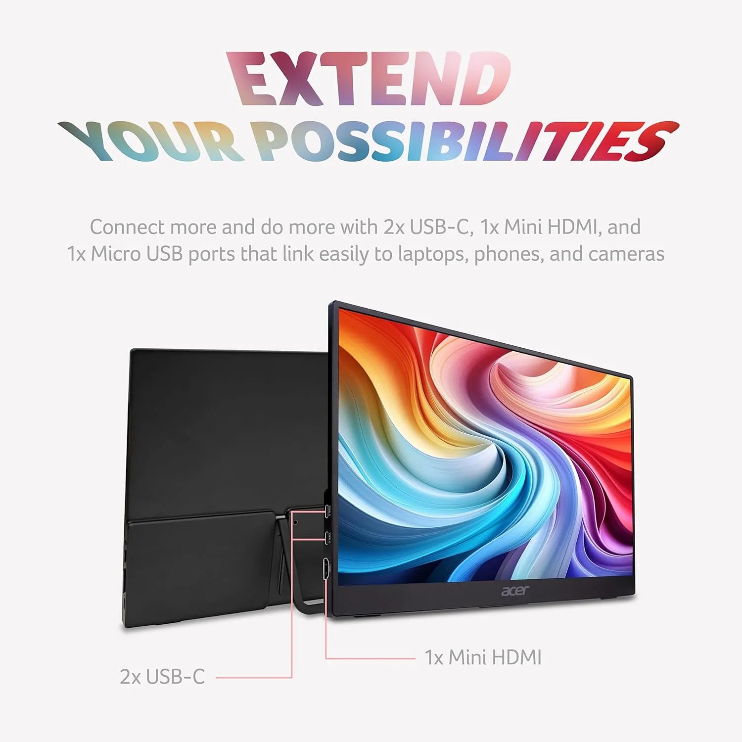 Acer PM161Q B1 portable monitor with 2 USB-C ports and Mini HDMI connectivity for laptops phones and cameras -tpstech.in