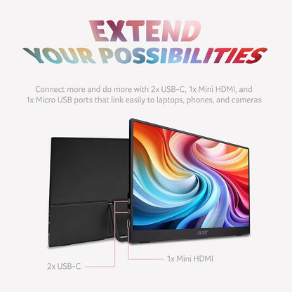 Acer PM161Q B1 portable monitor with 2 USB-C ports and Mini HDMI connectivity for laptops phones and cameras -tpstech.in