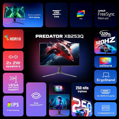 Acer Predator XB253Q F3 320Hz FHD IPS gaming monitor with 1ms VRB FreeSync Premium HDR10 and ErgoStand -tpstech.in