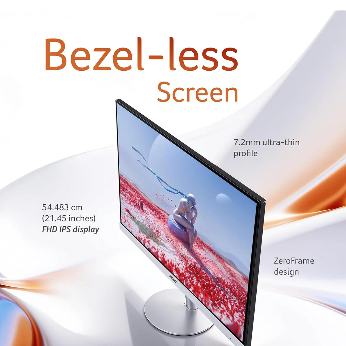 Acer SA222Q G3 21.5-Inch FHD IPS Monitor top angle view showing 7.2mm ultra-thin ZeroFrame bezel-less screen -tpstech.in
