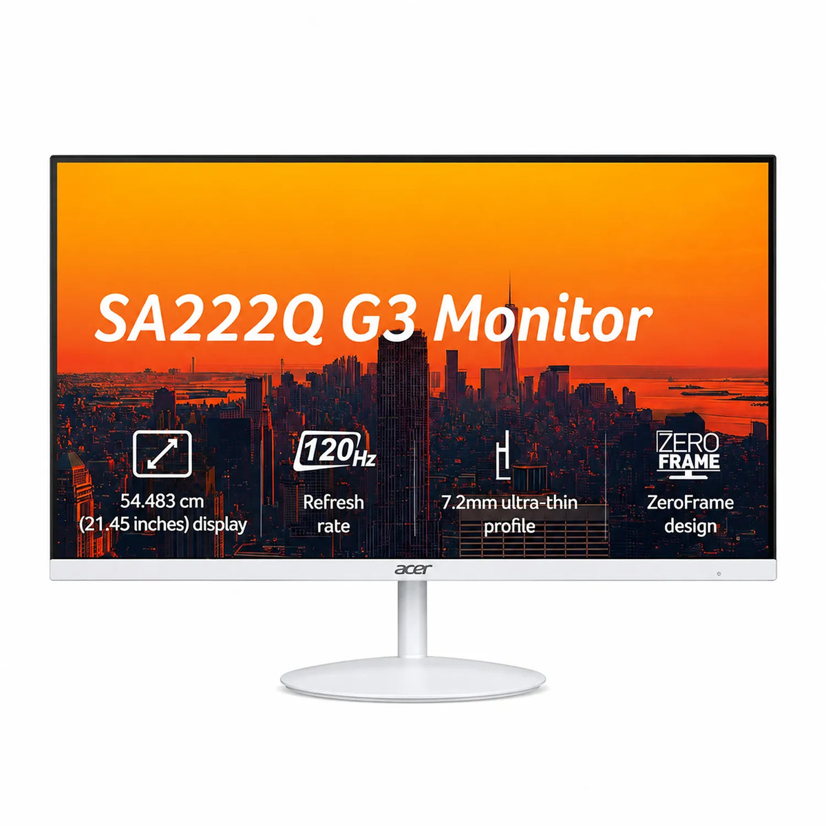 Acer SA222Q G3 21.5-Inch FHD IPS Monitor straight front view on circular stand with 120Hz ZeroFrame display -tpstech.in