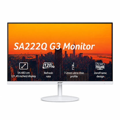 Acer SA222Q G3 21.5-Inch FHD IPS Monitor straight front view on circular stand with 120Hz ZeroFrame display -tpstech.in