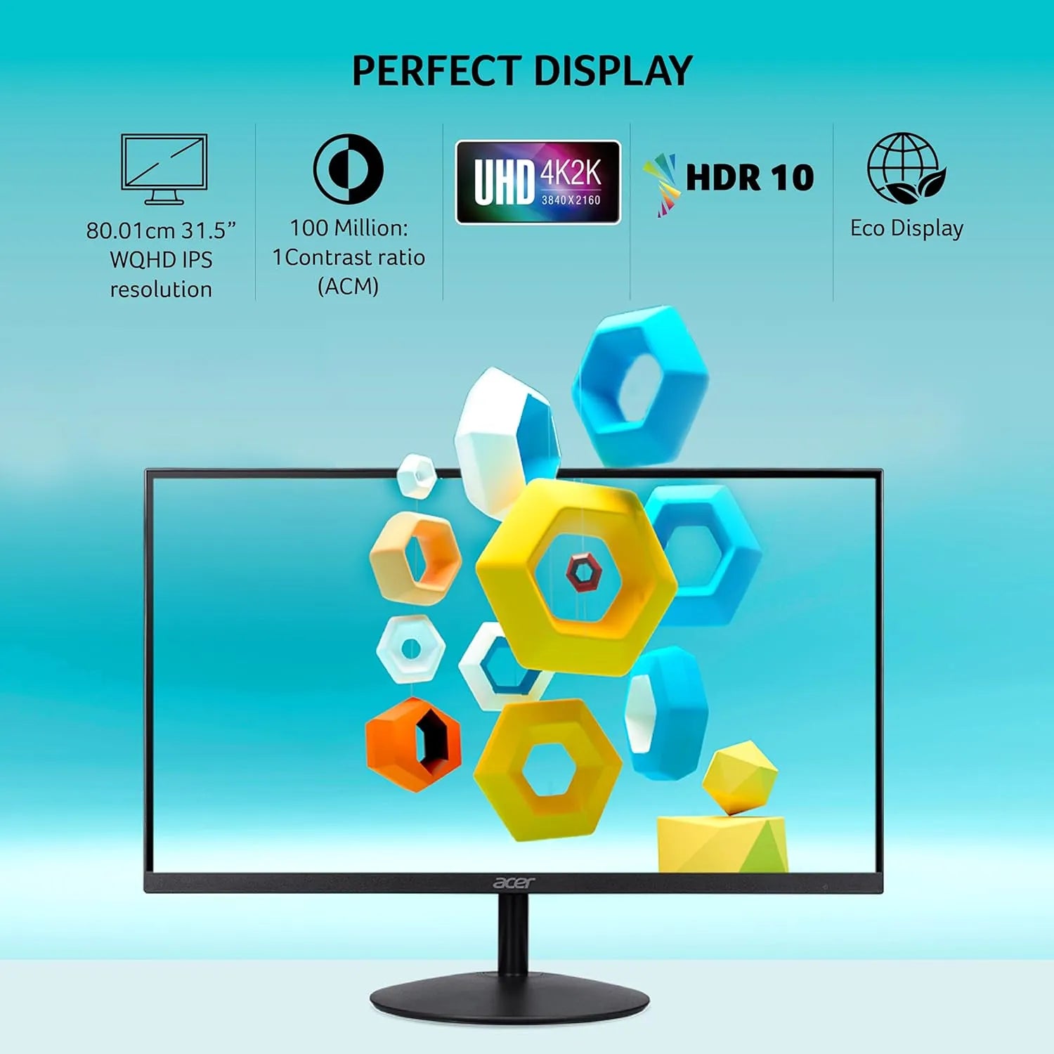 Acer SA322QK 31.5 inch 4K UHD VA monitor showing HDR10, high contrast ratio and eco display features-tpstech.in