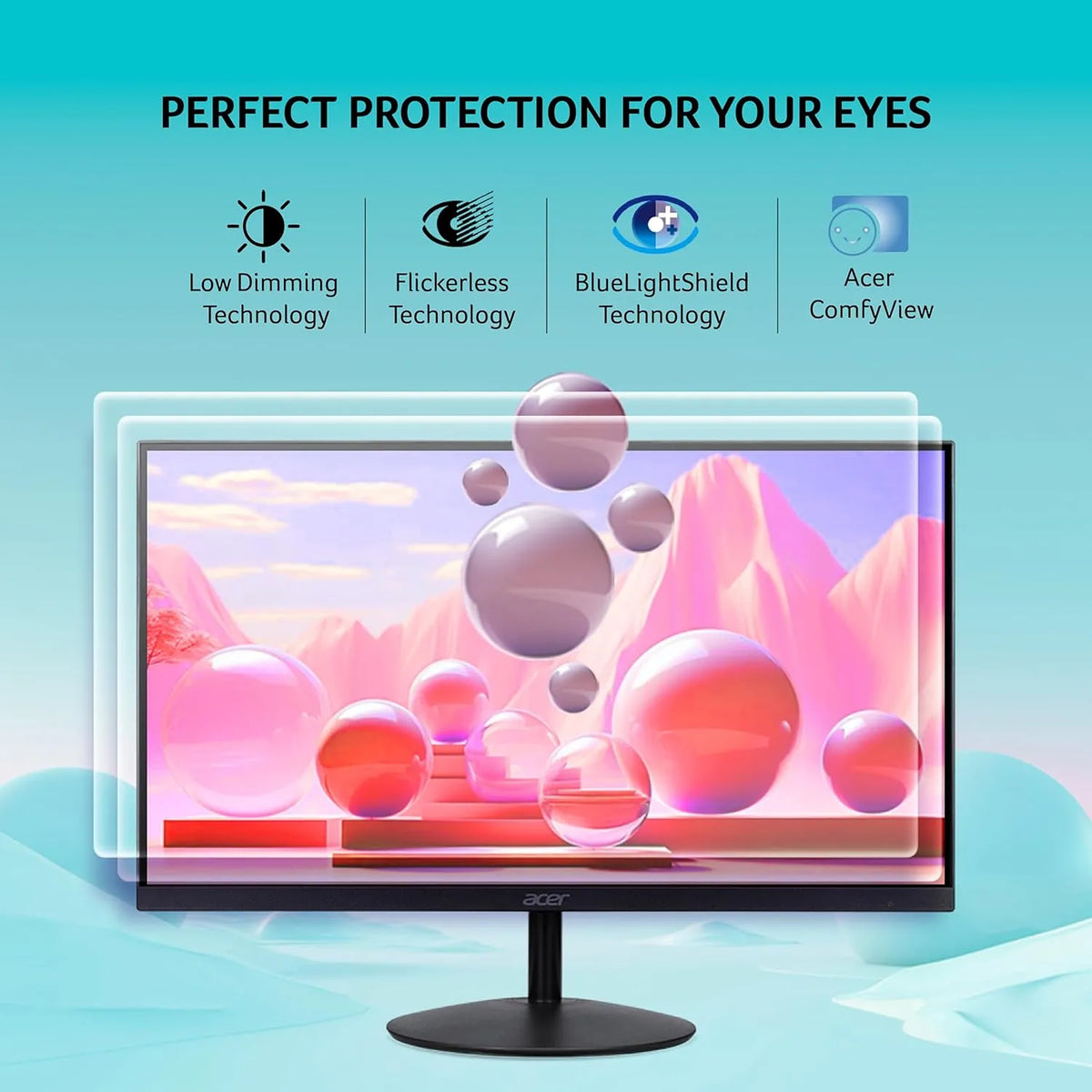Eye protection features of Acer SA322QUA monitor including BlueLightShield, Flickerless, and ComfyView technology -tpstech.in