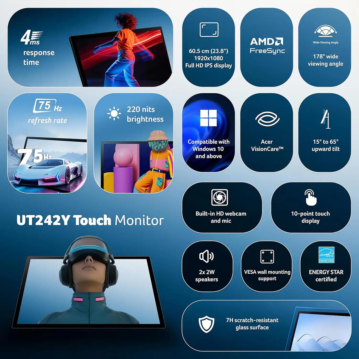 Acer UT242Y 23.8 Inch Full HD Touch Screen Monitor specifications overview showing 75Hz refresh rate AMD FreeSync and built-in webcam -tpstech.in